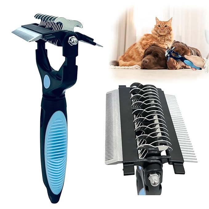 3-in-1 Pet Grooming Brush for Dogs & Cats – Double Sided Deshedding Tool with Stainless Steel Teeth, Detangler Comb & Undercoat Rake | Ergonomic Handle for Matted Fur Removal, Safe for Long/Short Hair-PawvioPets
