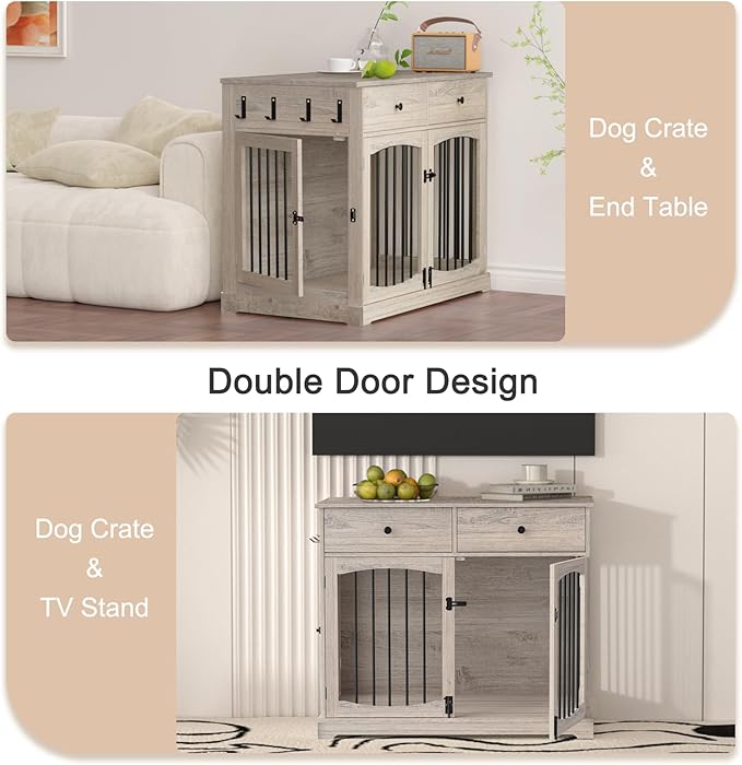 BREEZEHEAT 40 inch Dog Crate Furniture-Farmhouse Dog Kennel with Drawers-End Table Wooden Pet Crate, Double Door Design, Decorative Dog House Indoor for Small Medium Large Dog, Oak Grey-PawvioPets