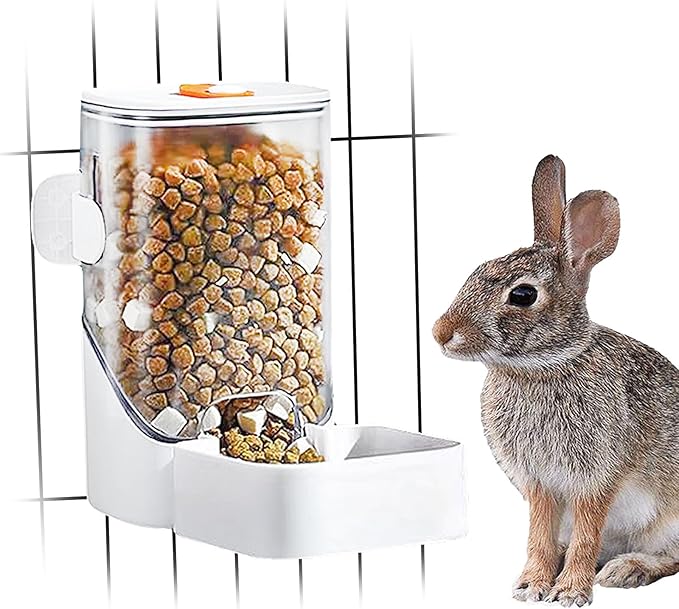 34oz Automatic Rabbit Feeder for Cages, Hanging Auto Bunny Food Bowl Dispenser Small Aniaml Cage Accessories for Ferret Guinea Pig Rat Rabbit Cat Puppy (White)-PawvioPets