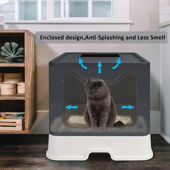 Foldable Cat Litter Box with Lid, Enclosed Potty, Large Top Entry Anti-Splashing Toilet, Easy to Clean Including Litter Scoop and 2-in-1 Cleaning Brush (Black)-PawvioPets