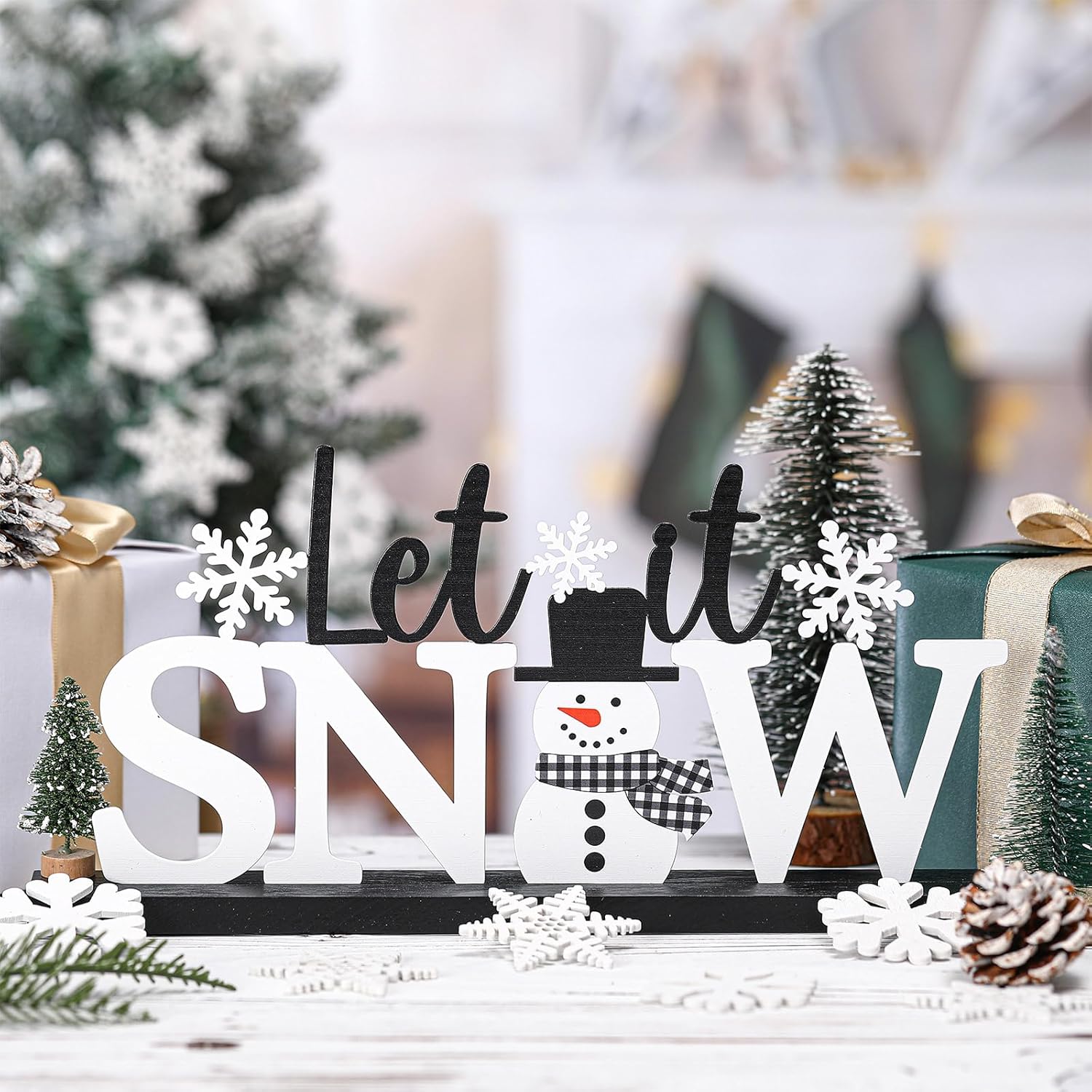 Winter Metal Sign Let It Snow Table Decor Christmas Tiered Tray Decor with Wooden Base Metal Black and White Snowman Snowflake for Xmas Home Tabletop Centerpiece Mantel Shelf Fireplace