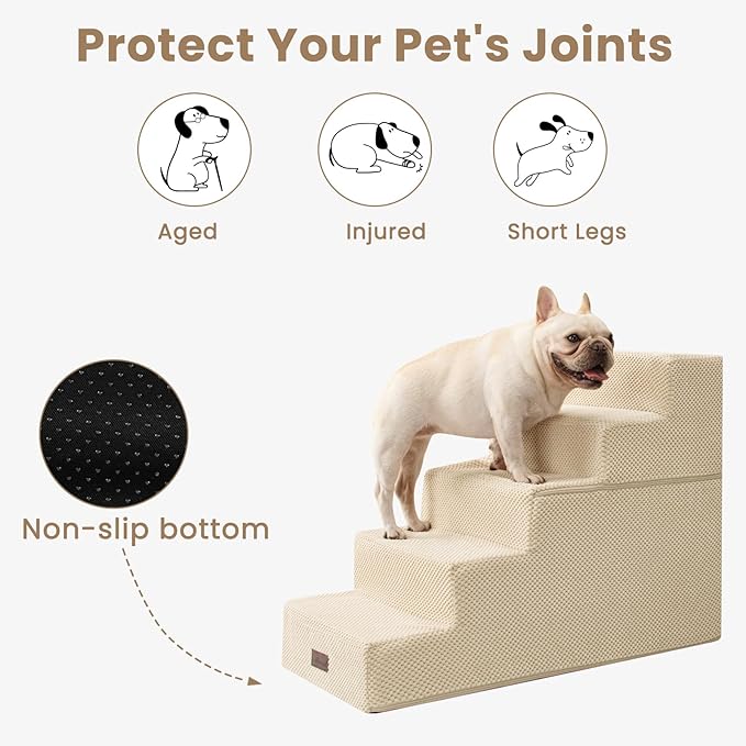 Dog Stairs for High Bed 22.6" H,5-Step Dog Steps for Small Dogs and Cats,Indoor Non-Slip Balanced Pet Stairs are Suitable for Puppy,Older Cat,Beige-PawvioPets