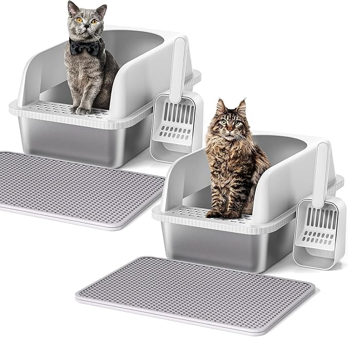 2 Pack Stainless Steel Cat Litter Box with Lid, 20" L x 14.2" W x 11.8" H, Extra Large Litter Box for Big Cats with High Sided, Anti-Urine Leakage, Easy Cleaning, Include Cat Mat and Scoop-PawvioPets