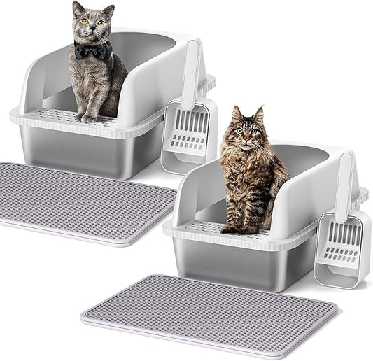 2 Pack Stainless Steel Cat Litter Box with Lid, 20" L x 14.2" W x 11.8" H, Extra Large Litter Box for Big Cats with High Sided, Anti-Urine Leakage, Easy Cleaning, Include Cat Mat and Scoop-PawvioPets