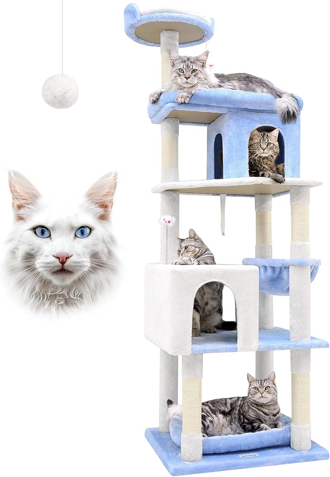 Globlazer Heavy Duty Cat Trees for Large Cats, Sturdy 72in Maine Coon Cat Tree for Large Cats 20 lbs+ Heavy Duty Cat Tower for Adult Biggest Cat with 6 Scratching Posts, Hammock, S72, Ocean Blue-PawvioPets