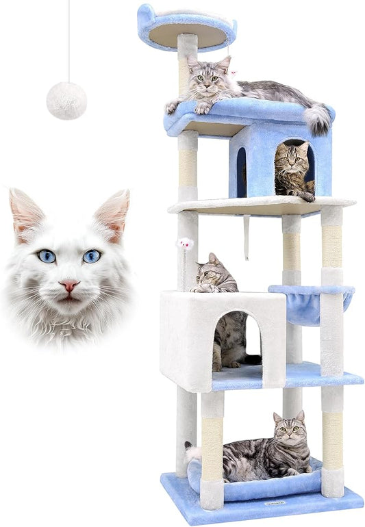 Globlazer Heavy Duty Cat Trees for Large Cats, Sturdy 72in Maine Coon Cat Tree for Large Cats 20 lbs+ Heavy Duty Cat Tower for Adult Biggest Cat with 6 Scratching Posts, Hammock, S72, Ocean Blue-PawvioPets