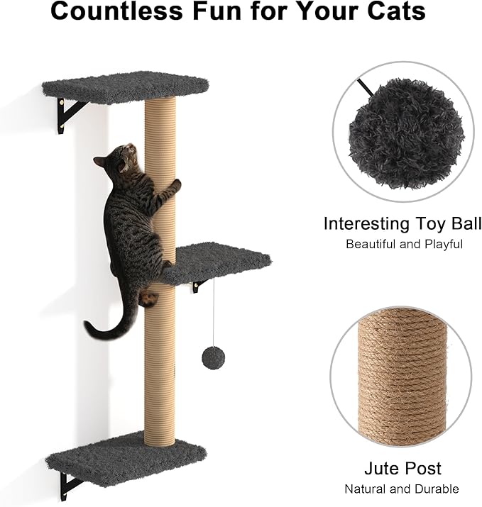 FUKUMARU Cat Wall Shelves, Stable & Safe 4 in 1 Cat Furniture Set, Wooden Climbing Wall with Scratching Post for 16 Inch Drywall - Gray-PawvioPets