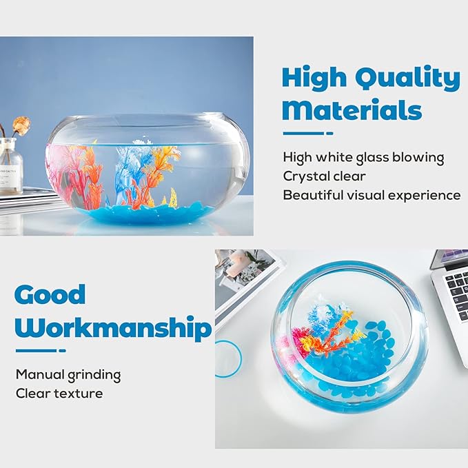 2 Gallon Glass Fish Bowl with Decor, Include Fluorescent Stones & Colorful Plastic Trees, High White Glass for Clear View, Small Fish Bowl/Vase/Aquarium for Betta Fish/Goldfish, Nice Home Décor-PawvioPets