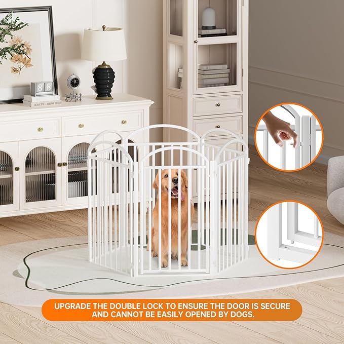6 Panles Full Matel Freestanding Dog Gates with Door, 144"Extra Wide 36"Tall Free Standing Dog Pet Gate for Indoor & Outdoor. Foldable Pet Fences for Doorways, House, Stairs, Porch, Deck, Yard-PawvioPets