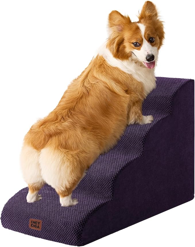 EHEYCIGA Curved Dog Stairs Ramp for High Beds 19.7" H, 4-Step Dog Steps for Small Dogs and Cats, Pet Stairs for High Bed Climbing, Non-Slip Balanced Pet Step Indoor, Purple-PawvioPets