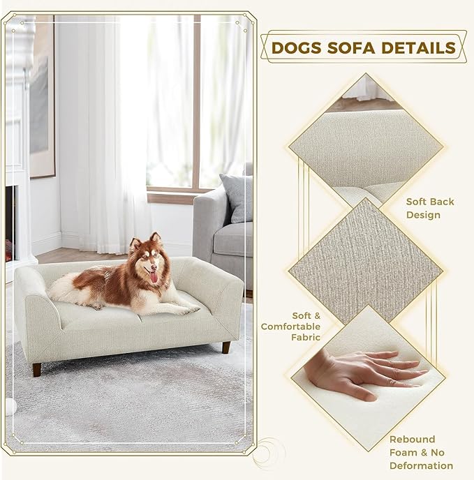 Dog Sofa Couch for Medium to Large Dogs, Memory Foam Dog Sofa Bed, Modern Elevated Pet Couch Bed with Wooden Legs for Medium and Large Dogs, Dark Beige-PawvioPets