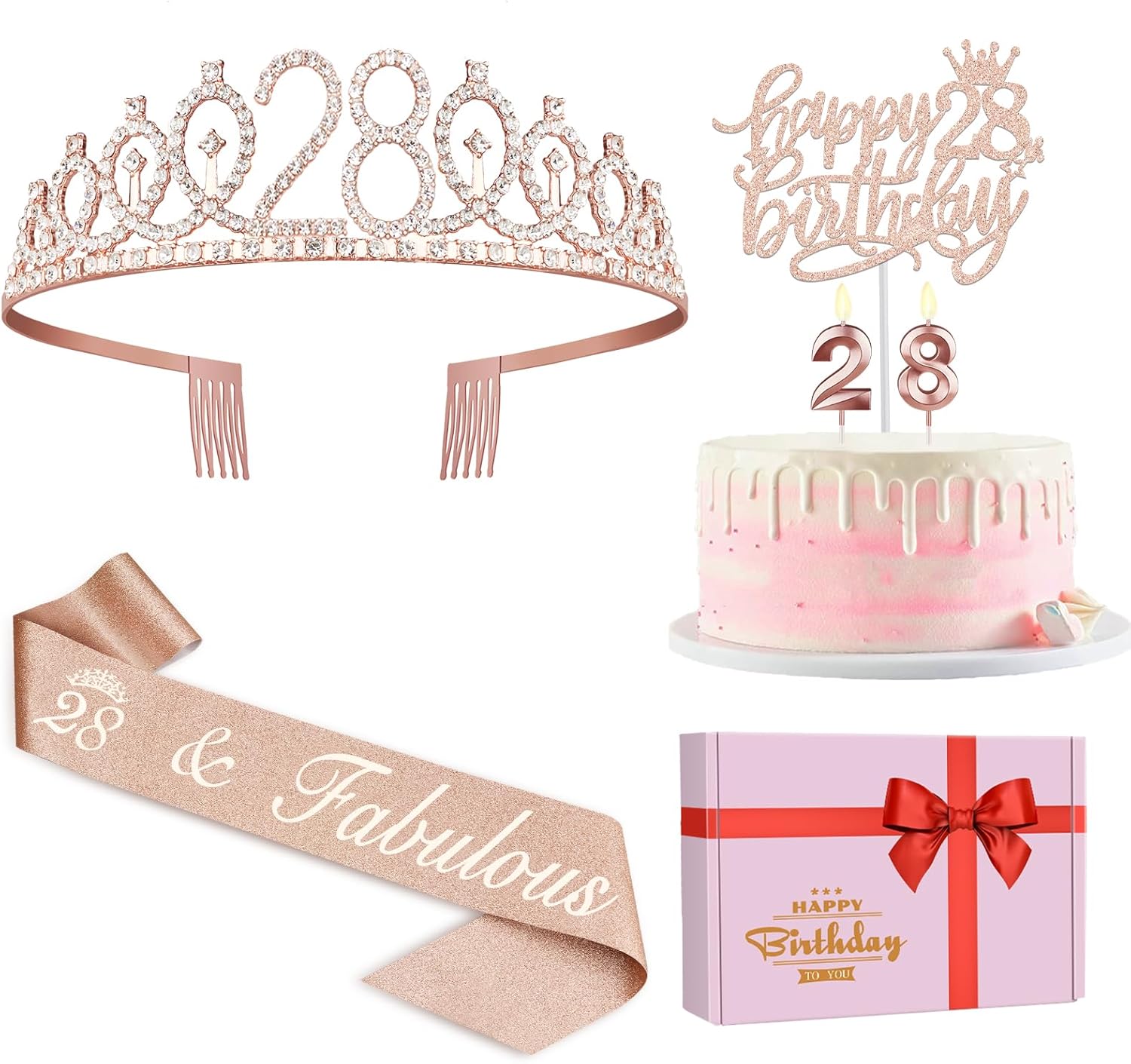 28th Birthday Decorations for Women with Birthday Sash and Tiara, Candles and Cake Topper, Gifts for 28 Year Old Woman