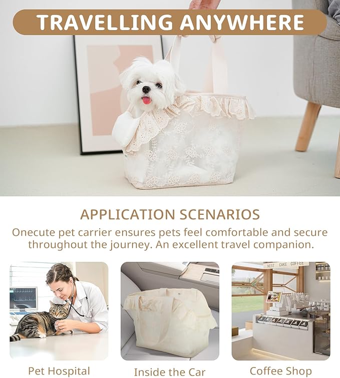 Dog Carrier for Small Dogs Rabbit cat with Lace Design, Cotton Bag, Dog Carrier Soft Sided, Collapsible Travel Puppy Carrier (Beige, 9.4" L x 5.9" W x 9.4" H)-PawvioPets