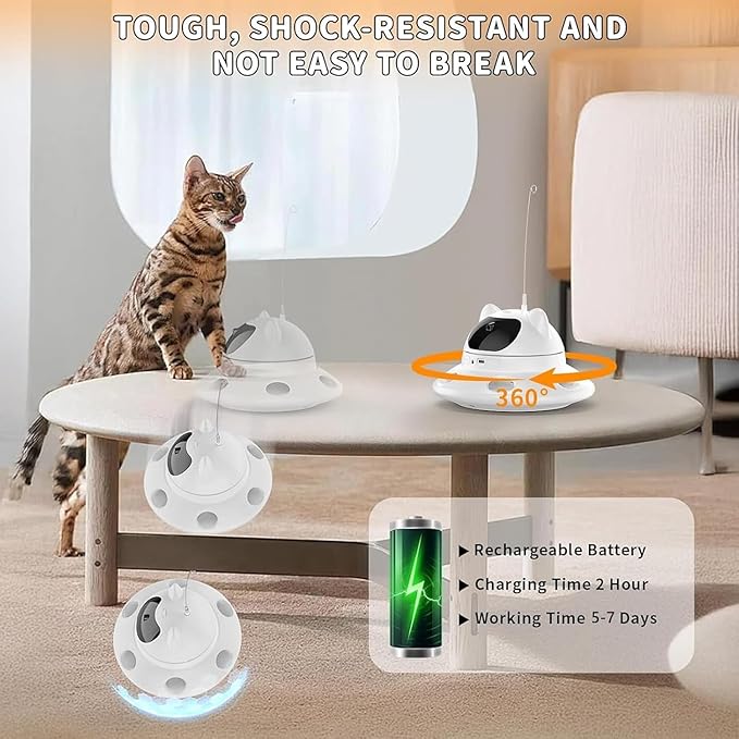 3-in-1 Cat Laser Toy & Interactive Automatic Motion-Activated Kitten Toy – 6 Holes Whack-A-Mole Feather & Moving Ambush Fun – USB Rechargeable, Apply to – Indoor Exercise for Cats of All Breeds-PawvioPets