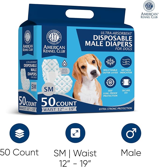 American Kennel Club Male Dog Wrap, Disposable Diapers with Wetness Indicator, Small, 50 Count-PawvioPets