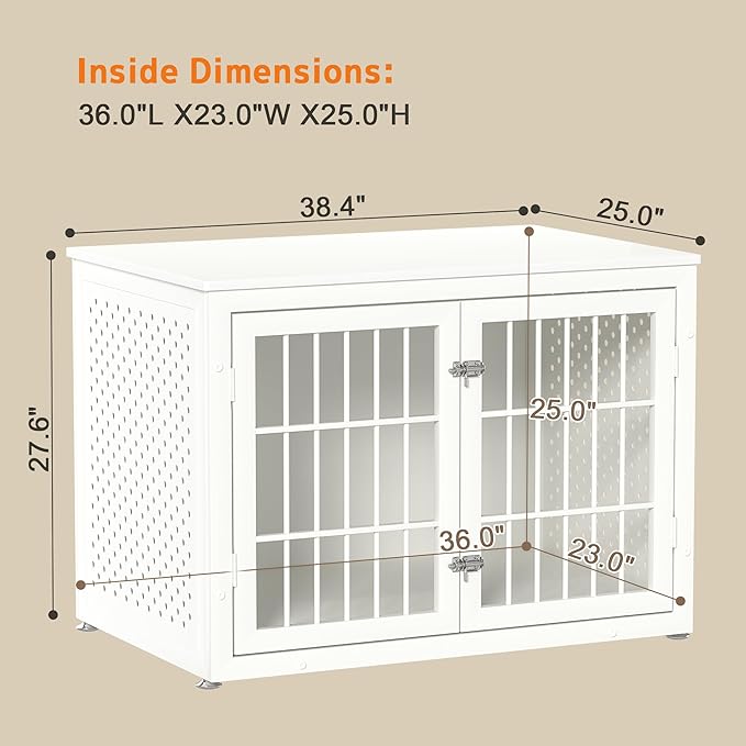 38" Heavy Duty Dog Crate Furniture for Large and Medium Dogs,Wooden Metal Kennel for High Anxiety Dogs, Chew Proof Pet Cage Indoor, Decorative Dog Kennel End Table, White-PawvioPets