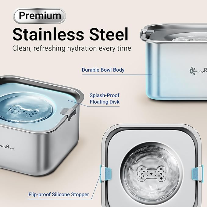DownyPaws No Spill Water Bowl for Dogs,101oz/3L Stainless Steel Slobber Stopper, No Drip Slow Drinking Dog Water Bowl, No Mess Dog Water Dispenser Spill Proof, Dishwasher Safe, Silver-PawvioPets