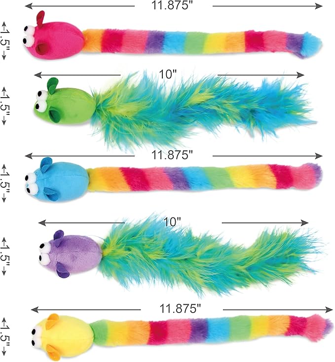 5 Pack Interactive Catnip and Feather Cat Toys, Multi-Colored Mice with Long Feather Tail, Accessories for Indoor Cat, Catnip Plush Toys with Natural Feathers and Rattles-PawvioPets