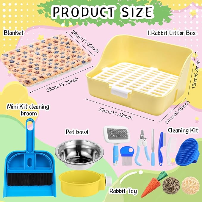 15 Pcs Rabbit Starter Kit Small Rabbit Litter Box Animal Grooming Kit Bunny Toys Bowl Blankets with Cleaning Set for Guinea Pig Accessories(Blue)-PawvioPets