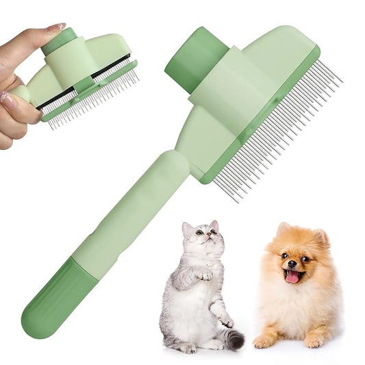 Flea Comb for Cat Hair Removal Comb, 2025 New Self-Cleaning Flea Brush for Cats and Dog, Comfort Cat Hair Removal Tool with Long & Short Stainless Steel Metal Grooming Brush(Green)-PawvioPets