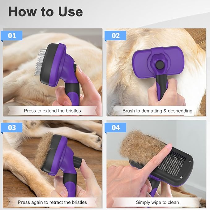 Self Cleaning Cat & Dog Grooming Brush - Skin Friendly Deshedding Hair Brush for Haired Dogs & Puppies, Purple-PawvioPets
