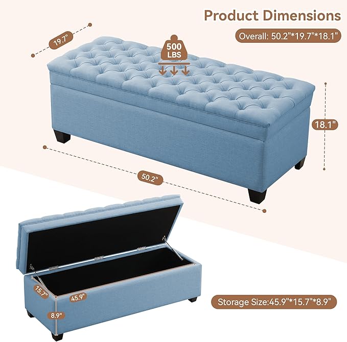 51" Fabric Storage Ottoman Bench, Upholstered Rectangle End of Bed Storage Ottoman Tufted Living Room Bedroom Bench with Safety Hinge, Solid Wood Legs, Loads 500 lb(Light Blue)-PawvioPets