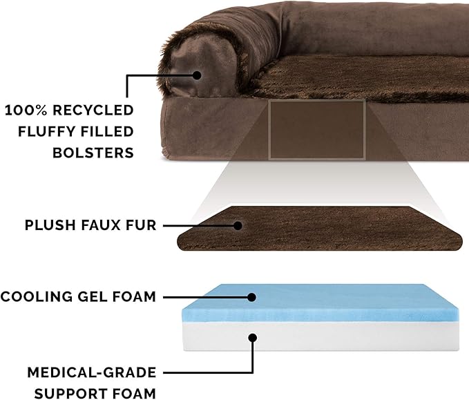 Furhaven Cooling Gel Dog Bed for Large Dogs w/ Removable Bolsters & Washable Cover, For Dogs Up to 125 lbs - Plush & Velvet L Shaped Chaise - Sable Brown, Jumbo Plus/XXL-PawvioPets