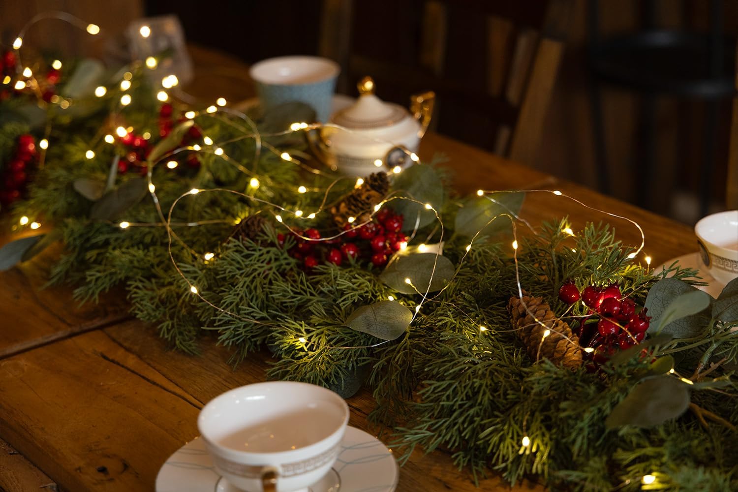 6.3FT Christmas 144 Branch Tips Cedar Garland with LED String Lights, Anna's Whimsy Seasonal Artificial Pine Cypress Garland, Holiday Indoor Outdoor Christmas Decor