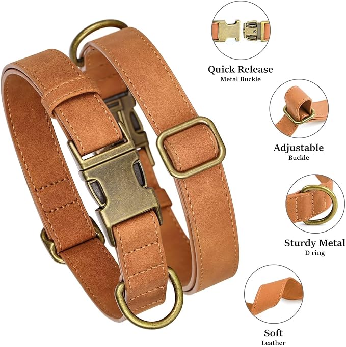 Didog Soft PU Leather Dog Collar, Stylish Quick Released Dog Collars for Small Dogs, Easy Clean Adjustable Pet Collar for Daily Walking, Light Brown, S Fit 10-16" Neck-PawvioPets