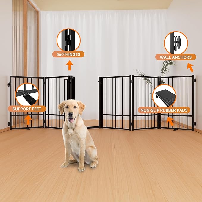 Full Metal Freestanding Dog Gate with Door, 32''Height Foldable Pet Dog Fence for Indoor & Outdoor, 6 Panels Extra Wide Free Standing TallDog Gates for Doorways,House,Stairs,Porch,Deck,Yard-PawvioPets