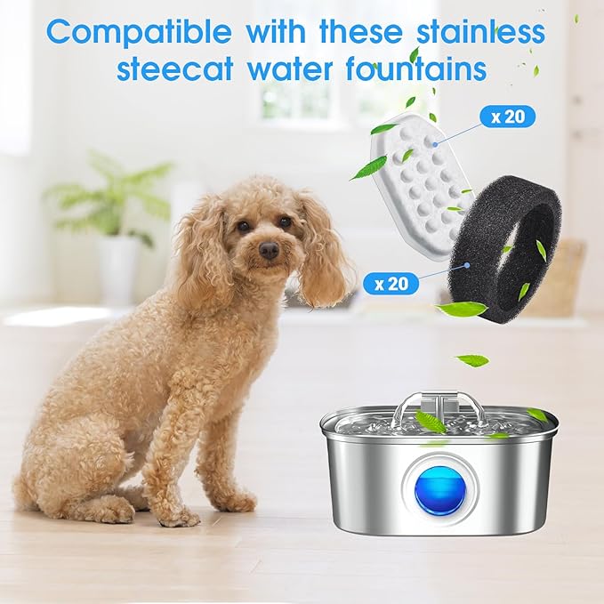 40 Pack Cat Water Fountain Filters-Cat Fountain Replacement Filters for Stainless Steel 3.2L/108oz Adjustable Water Flow Cat Fountain(20 Pack Pet Water Filter Refills+20 Pack Sponges)-PawvioPets