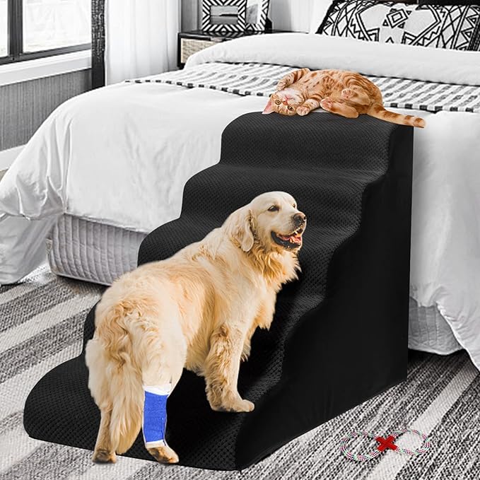 Dog Stairs&Steps for High Beds Up to 28'', 5-Step Dog Ramp for Small Medium Dogs with Washable Cover, Pet Steps for Cats to Get on Couch and Sofa, Durable Foam Ladders, 24.4" Tall, Black-PawvioPets