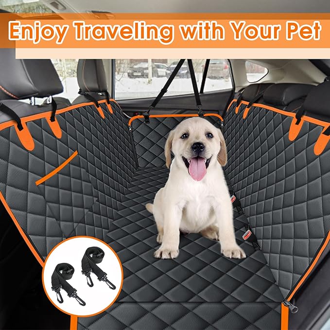 Dog Car Seat Cover, Durable Waterproof Scratch Proof Nonslip Dog Hammock, Back Seat Covers with Pocket for Cars SUVs and Trucks - S, Black/Orange-PawvioPets