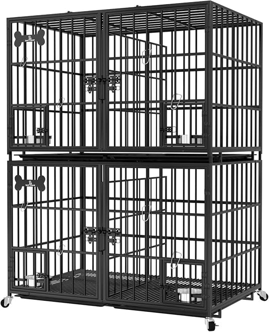 aboxoo 42 inch Stackable Heavy Duty Metal Dog Crate for 4 Dogs/Large Dog,All Metal Open Top Access,Escape Proof Cage,Dog Kennel Indoor with Wheels,Floor Grid, Tray, Divider and Feeding Bowl-PawvioPets