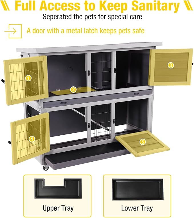 Aivituvin Rabbit Hutch Indoor, Folding Bunny Cage with Two Story, Rabbit Cage with Wheels, Anti Slip Ramp-PawvioPets