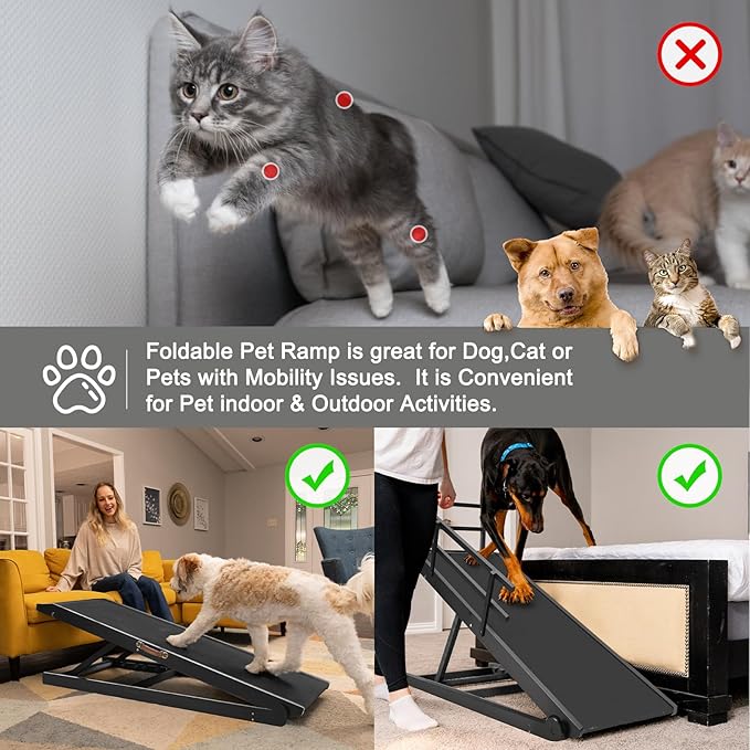 Aboron Antislip Folding Dog Ramp, Adjustable Pet Ramp for Bed/Couch/Car, Rubber Mat with High Traction, Great for Small & Large Old Dogs & Cats, Supports up to 200 lbs,63" Long-PawvioPets