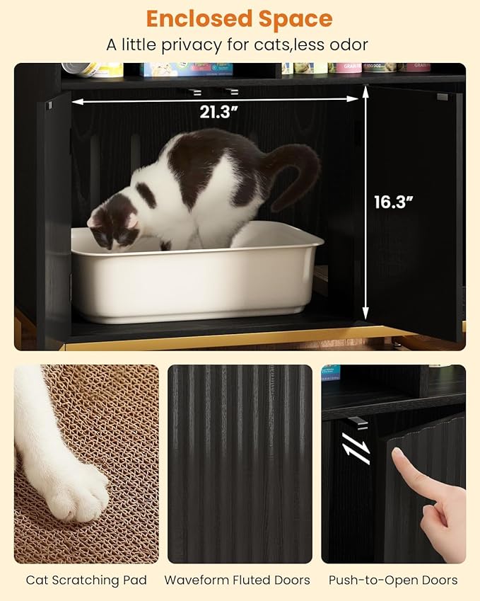 Cat Litter Box Enclosure, Large Hidden Pet Storage Cabinet Furniture with Waveform Fluted Doors & Scratching Pad, Modern Wooden Cat House Indoor for Washroom, Living Room, Bedroom, Black-PawvioPets
