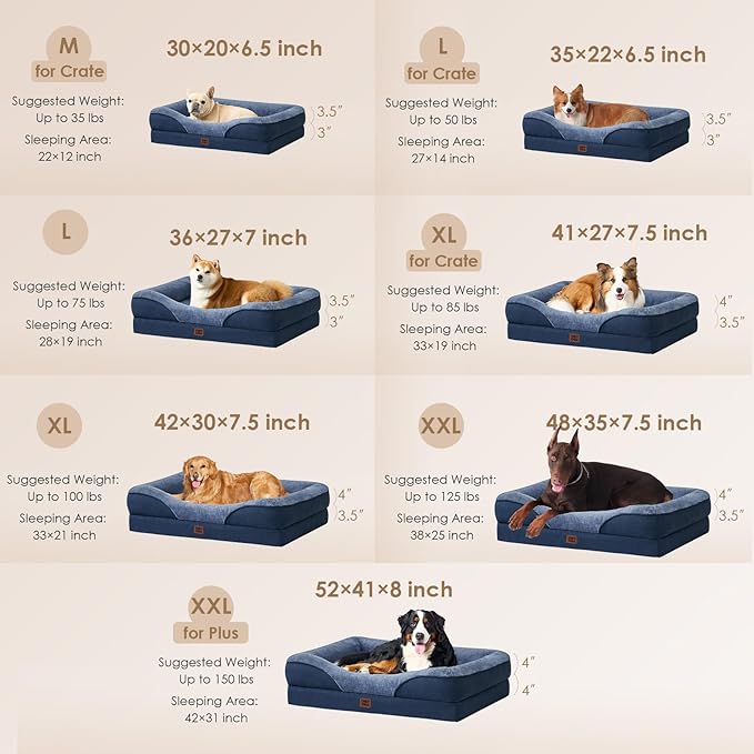 EHEYCIGA Memory Foam Dog Bed for Medium Size, Orthopedic Dog Sofa with Sides and Waterproof Liner, Washable Bolster Pet Couch with Removable Cover, 35x22x6.5 Inch, Navy-PawvioPets