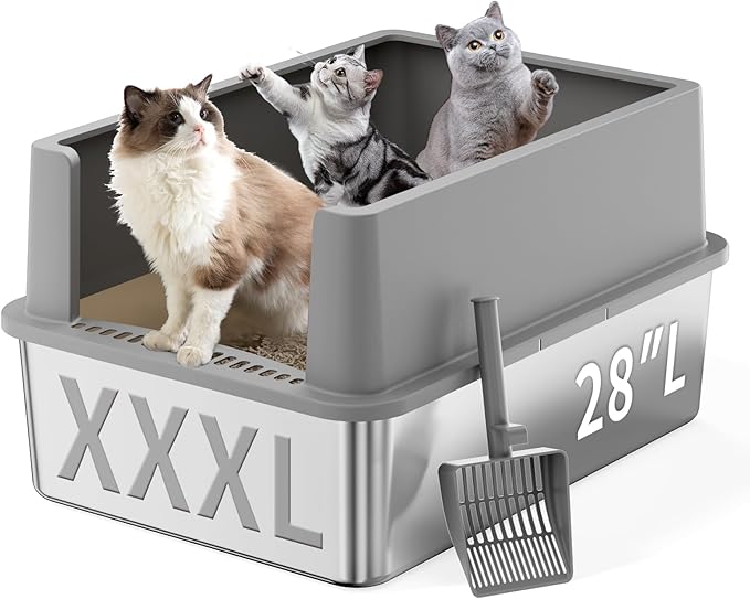 28" Extra Large XXL Stainless Steel Cat Litter Boxes with Lid Metal Cat Litterbox Pan for Big Cats and Multiple Cats, Anti-Leakage, Easy Cleaning, Include Scoop-PawvioPets