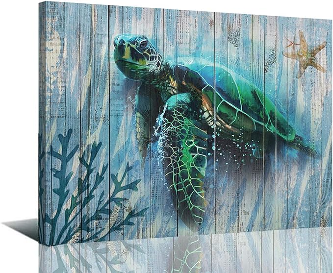 Arjun Bathroom Decor Blue Wall Art Canvas Green Sea Turtle Teal Submarine Picture, Blue Modern Landscape Painting Framed for Living Room Bedroom Home Office Wall Decor, 16"x12"-PawvioPets