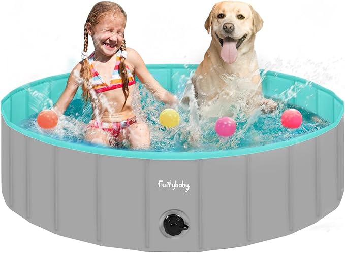 Furrybaby Dog Pool, Kiddie Pool Hard Plastic Foldable Dog Pools for Large Dogs Portable Pet Doggie Wading Swimming (Grey 47'') Indoor and Outdoor-PawvioPets