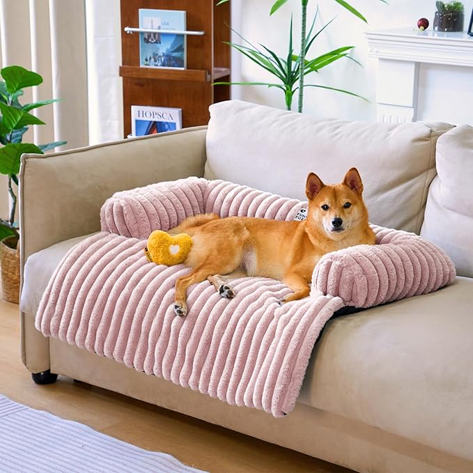 FUNNY FUZZY Pet Couch Cover for Sofa, Calming Dog Bed for Couch, Fluffy Plush Dog Couch Mat for Furniture Protector for Large Medium Small Dogs and Cats, Pink-PawvioPets