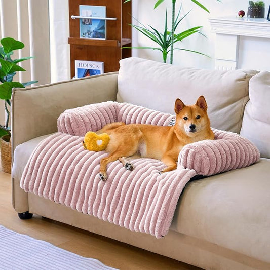 FUNNY FUZZY Pet Couch Cover for Sofa, Calming Dog Bed for Couch, Fluffy Plush Dog Couch Mat for Furniture Protector for Large Medium Small Dogs and Cats, Pink-PawvioPets