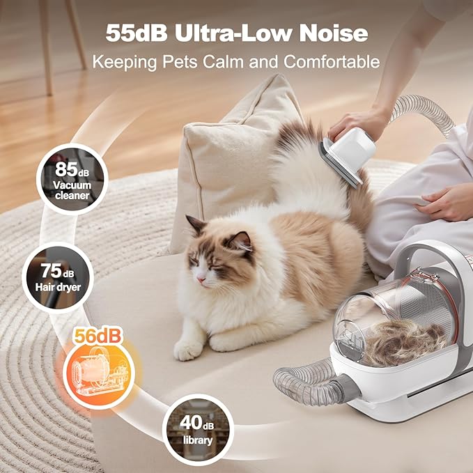 Afloia 6-in-1 Dog Grooming Kit, Pet Grooming Vacuum for Shedding, Dog Hair Vacuum with Clipper Nail Trimmer Grinder, Pet Brush Groomer at Home, Low Noise Cats Hair Remover, 1.5L Dust Cup, White-PawvioPets