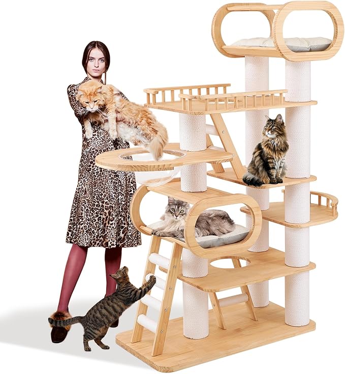 76.8'' Tall Modern Large Cat Tree,Multi-Level Wood Cat Tower for Indoor Cats Large Adults,Luxury Heavy Duty Cat Condo with Cushion,Scratching Posts,Clear Hammock Activity (76.8inch)-PawvioPets
