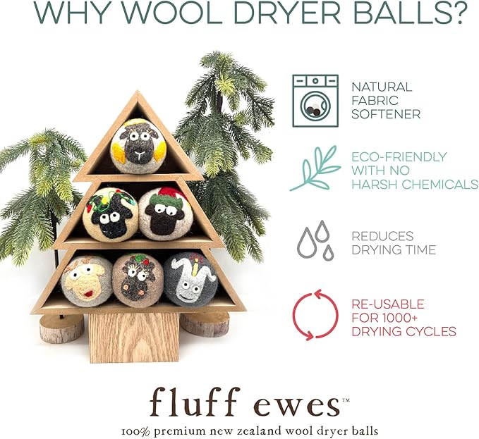 Fluff Ewes Wool Dryer Balls 6 Pack Premium New Zealand Wool Laundry Balls for Dryer, No Static Dryer Balls Laundry Reusable, XL Christmas Dryer Balls, Holiday Dryer Balls - Sheep in Heavenly Peace-PawvioPets