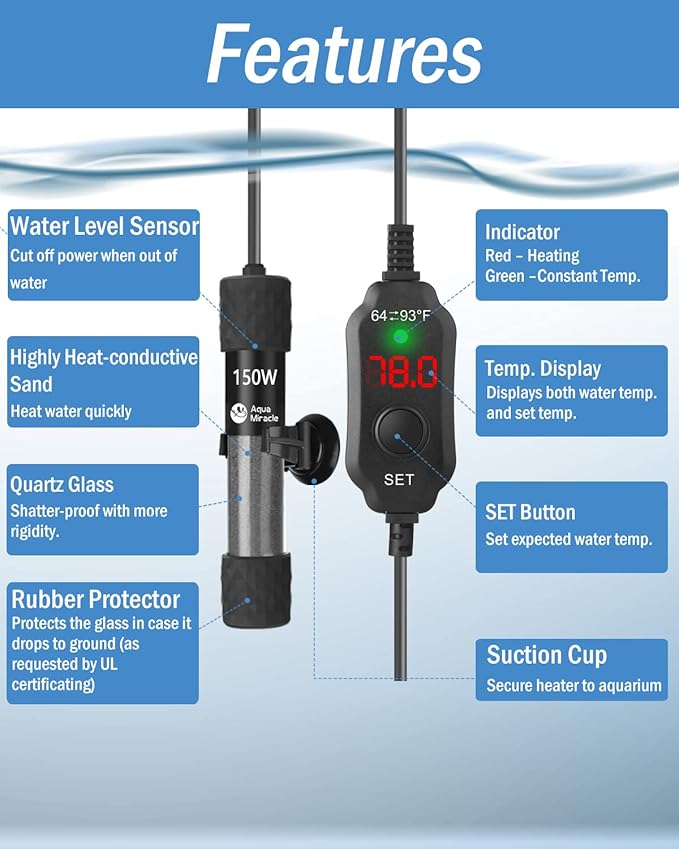 AquaMiracle Adjustable 150W Aquarium Heater Submersible Fish Tank Heater Super Short Aquarium Heater with LED Digital Display Thermostat, for Tanks 15-30 Gallons-PawvioPets