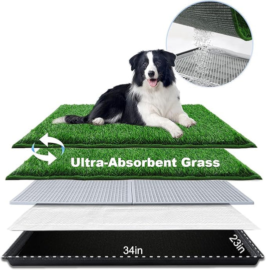 Dog Grass Pad with Tray Large 34’’×23’’, Dog Potty with Ultra-Absorbent Artificial Grass for Dogs with Hemmed Edge, Pee Pads for Dogs, Realistic, Odor Free, Litter Box for Balcony-PawvioPets