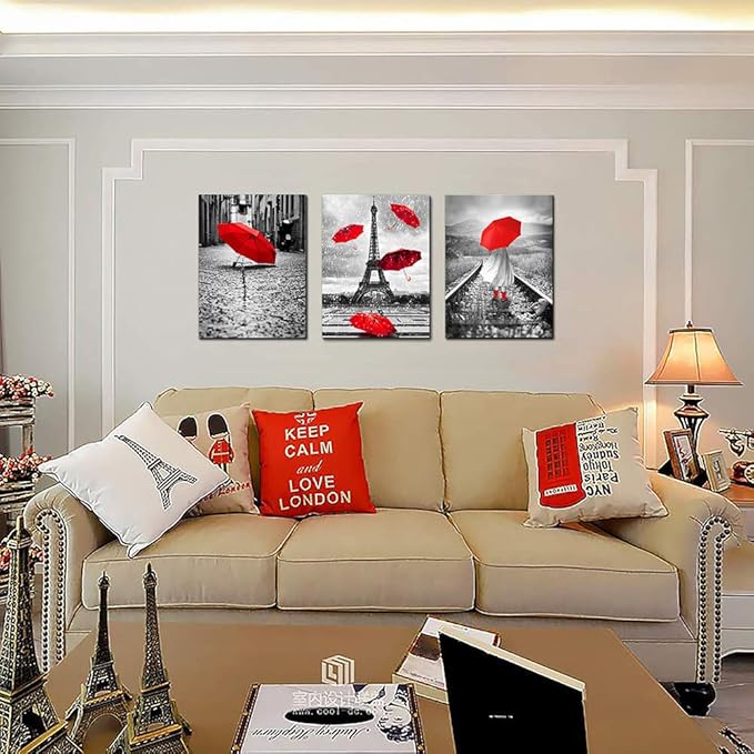 Black and white landscape Eiffel Tower 3 Piece Wall Art for Living Room Bathroom Decorations Kitchen Wall decor modern red umbrella Poster Canvas Print Office Bedroom Home Decoration wall paintings-PawvioPets