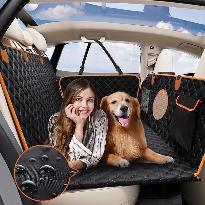 Dog Car Seat Cover for Back Seat, Hard Bottom Back Seat Extender for Dogs, Holds 420lbs, Waterproof Pet Hammock Protector, Thick and Durable Dog Seat Cover for Truck, Car, SUV-Black-PawvioPets